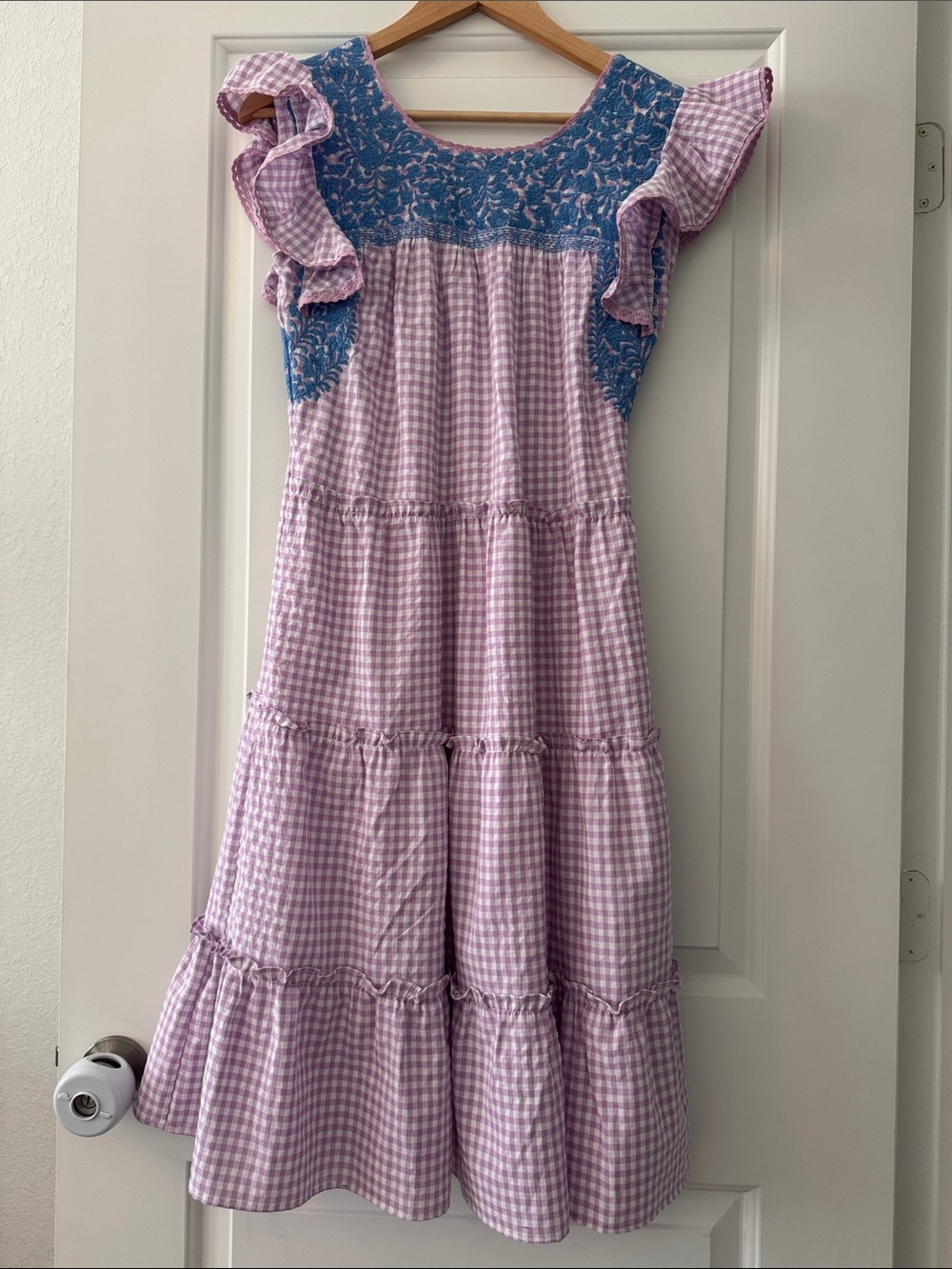 J Marie Pink Gingham Dress with Blue Floral Yoke